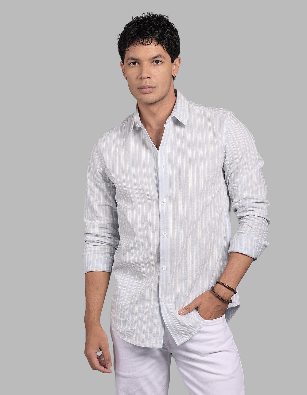 Sky Blue 100% Cotton Full Sleeve Stripe Shirt