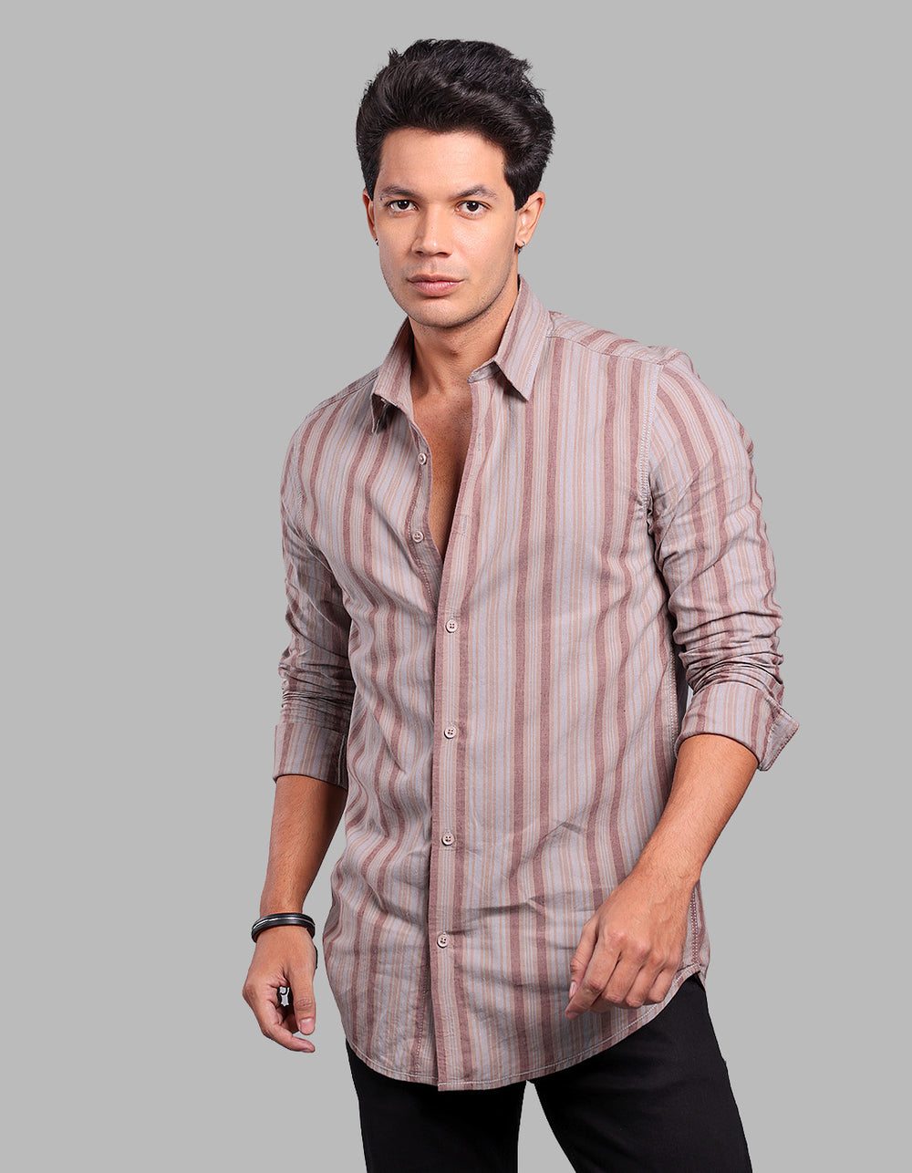 Maroon Grey Full Sleeve Linen Blend Stripe Shirt