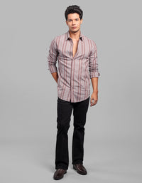 Maroon Grey Full Sleeve Linen Blend Stripe Shirt