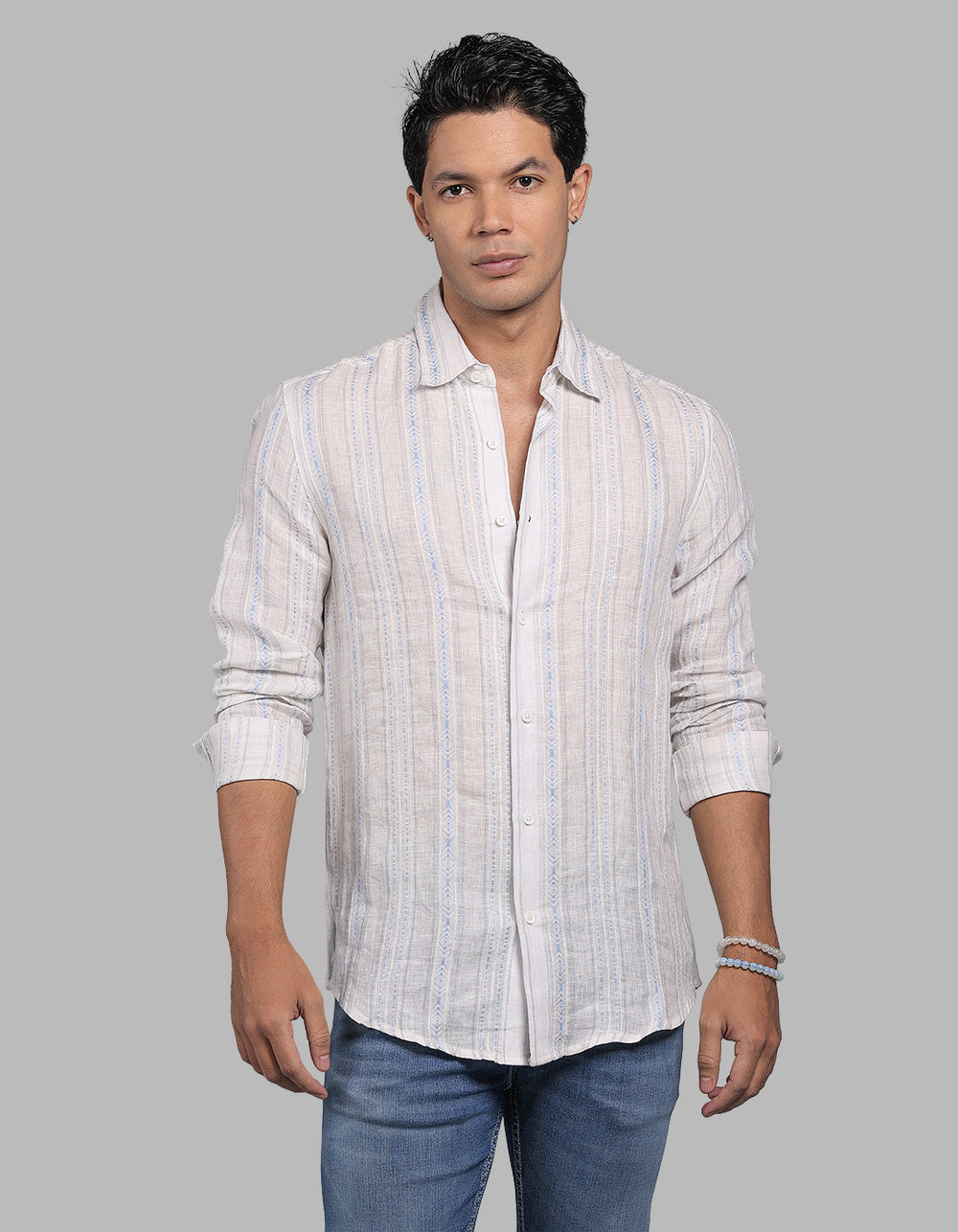 Off White Grey Full Sleeve Linen Blend Stripe Shirt