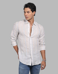 Off White Grey Full Sleeve Linen Blend Stripe Shirt