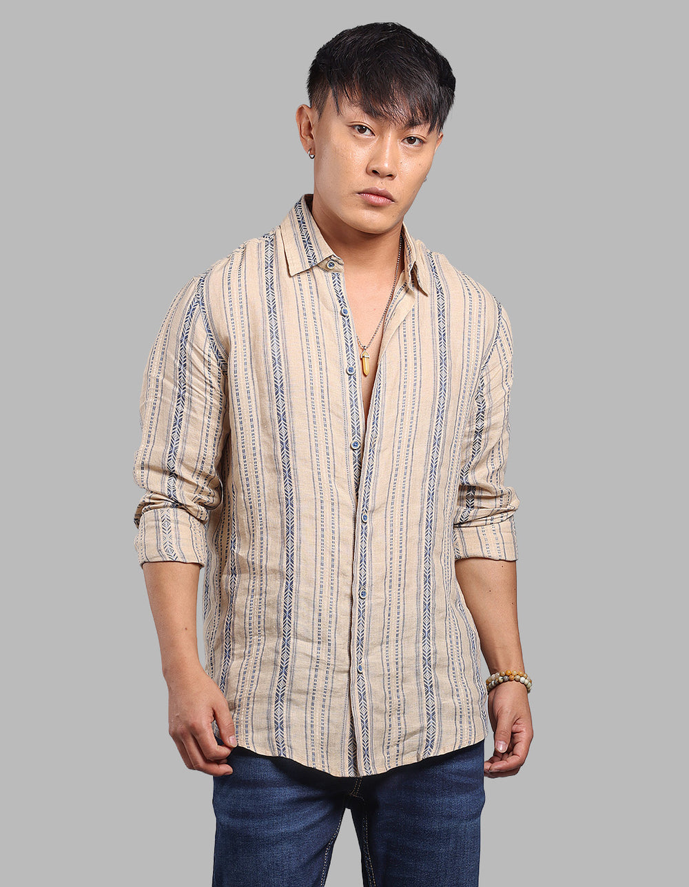 Beige Full Sleeve Linen Blend Stripe Shirt