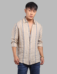 Beige Full Sleeve Linen Blend Stripe Shirt