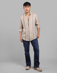 Beige Full Sleeve Linen Blend Stripe Shirt