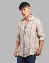 Beige Full Sleeve Linen Blend Stripe Shirt