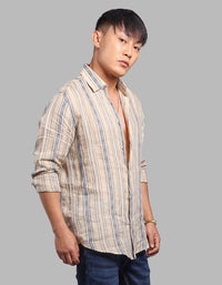 Beige Full Sleeve Linen Blend Stripe Shirt