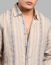 Beige Full Sleeve Linen Blend Stripe Shirt