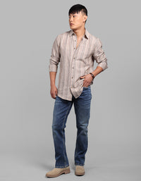 Brown Full Sleeve Linen Blend Stripe Shirt