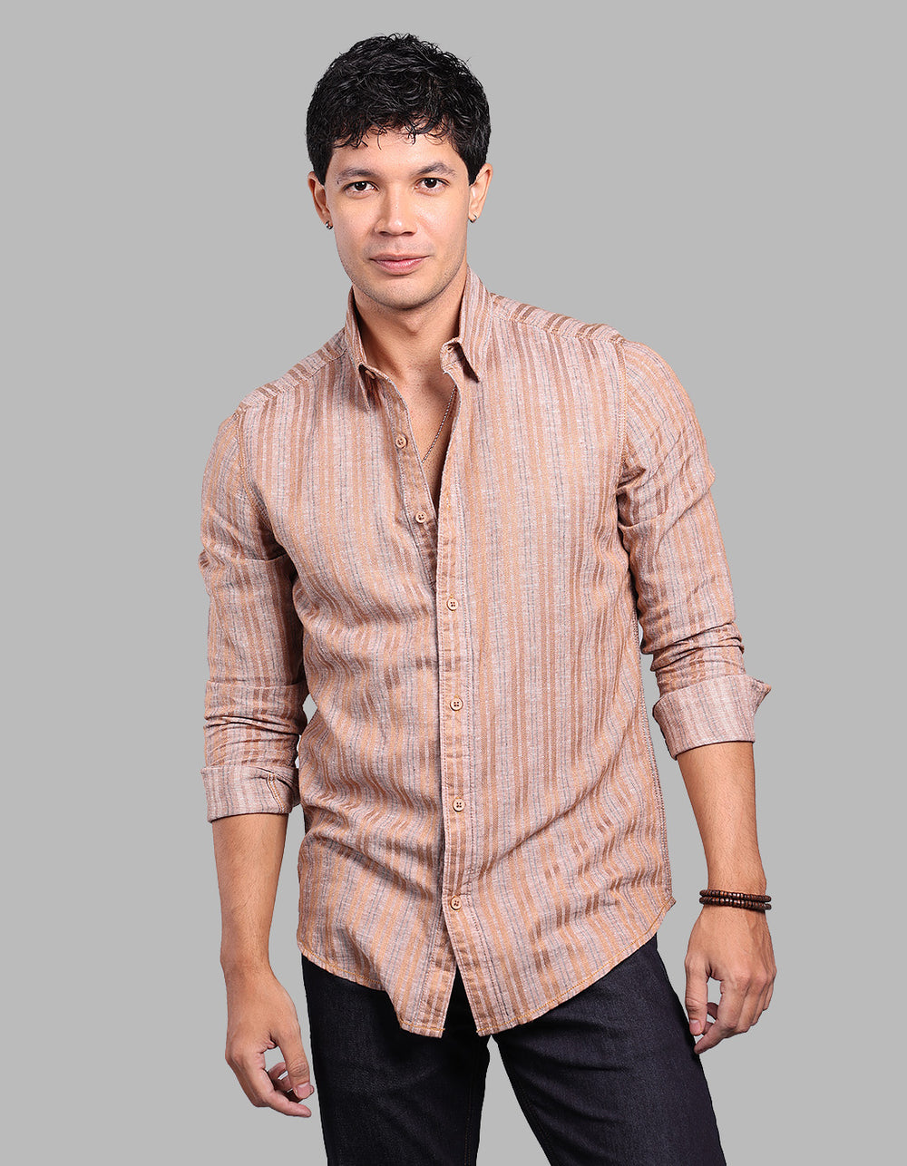 Lt Brown Full Sleeve Linen Blend Stripe Shirt