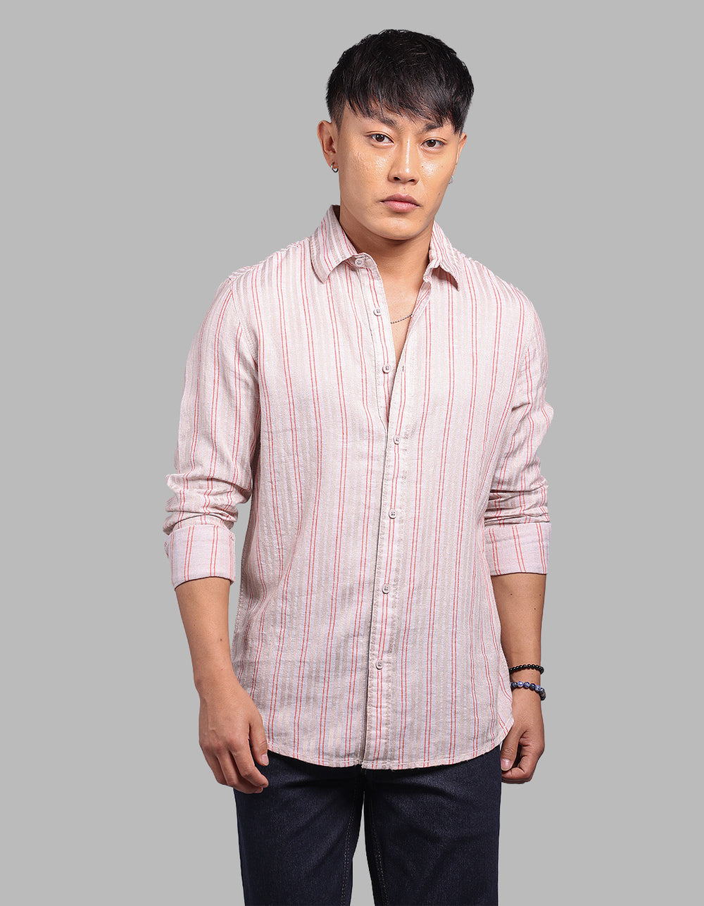 Beige Full Sleeve Linen Blend Stripe Shirt