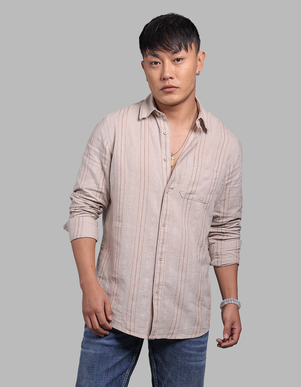 Lt Sand Full Sleeve Linen Blend Stripe Shirt