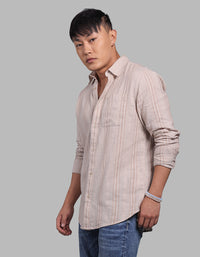 Lt Sand Full Sleeve Linen Blend Stripe Shirt