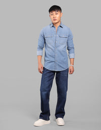 Med Blue Full Sleeve Stretch Denim Shirt