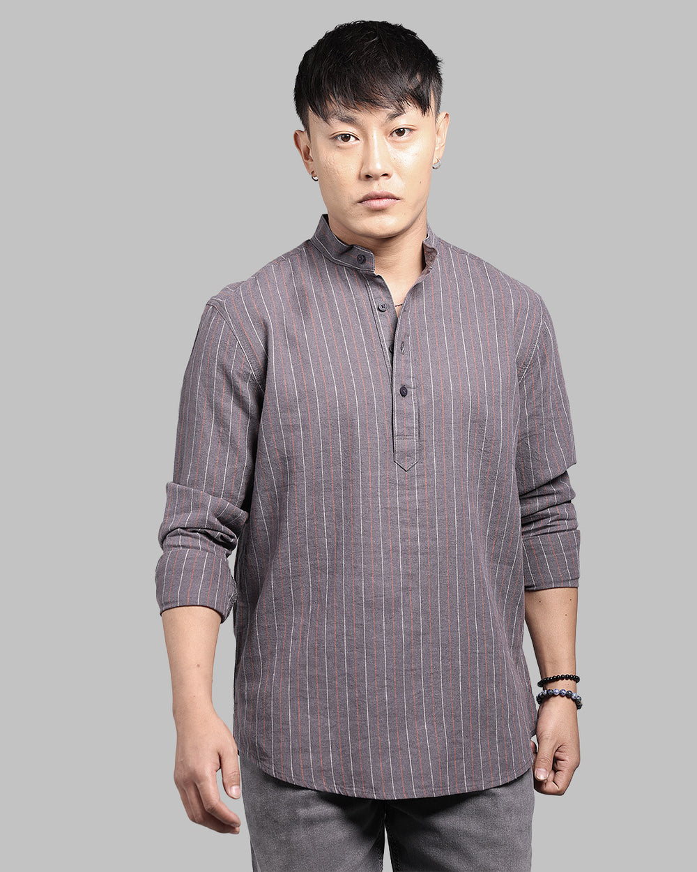 Charcoal Relax Slim Fit Linen Blend Stripe Short Kurta