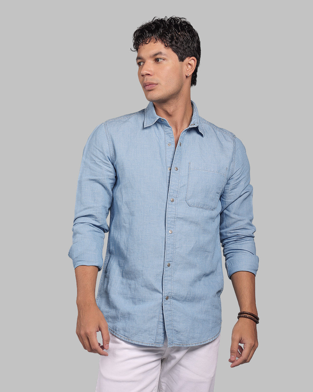 Med Blue Full Sleeve Linen Blend Denim Shirt