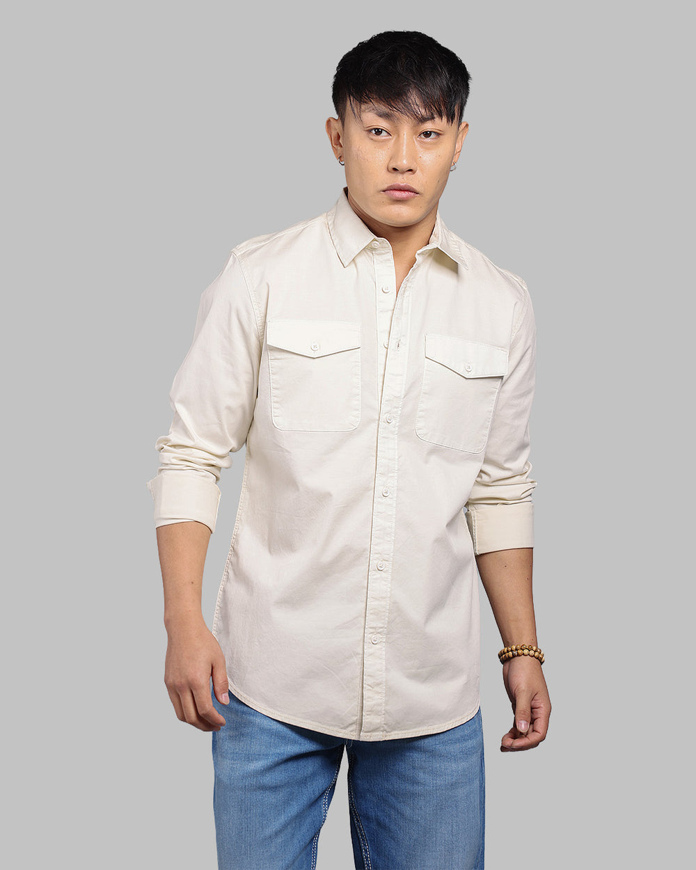 Cream Full Sleeve Stretch Cargo Shirt