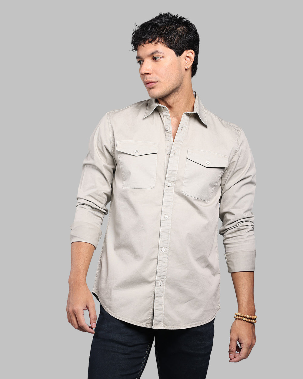 Cement Full Sleeve Stretch Cargo Shirt