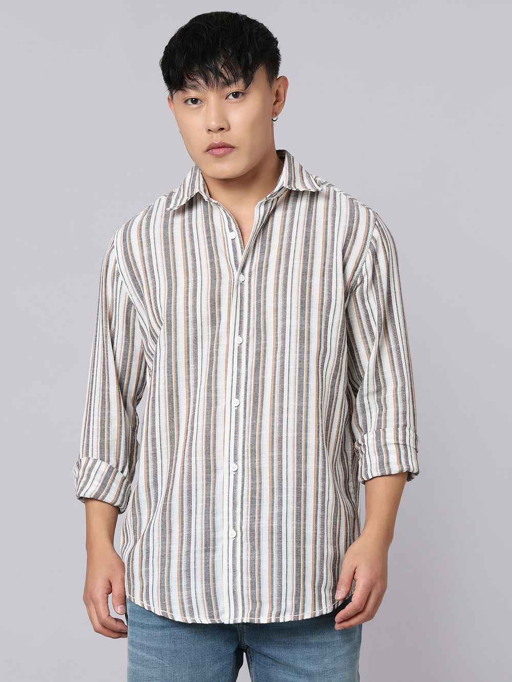 Grey Off White Full Sleeve Stripe Shirt