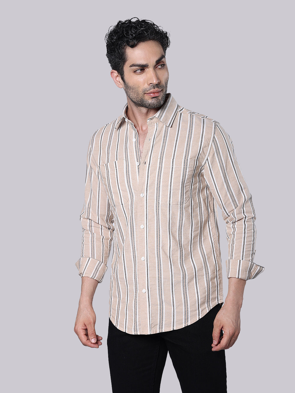 Sand Beige Full Sleeve Stripe Shirt