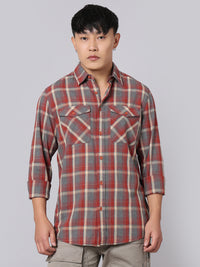 Orange Grey Full Sleeve Check Shirt