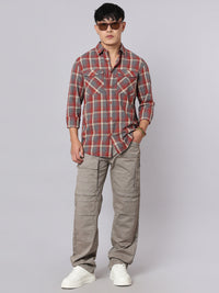 Orange Grey Full Sleeve Check Shirt