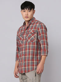 Orange Grey Full Sleeve Check Shirt