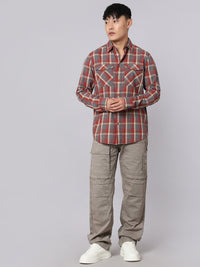 Orange Grey Full Sleeve Check Shirt