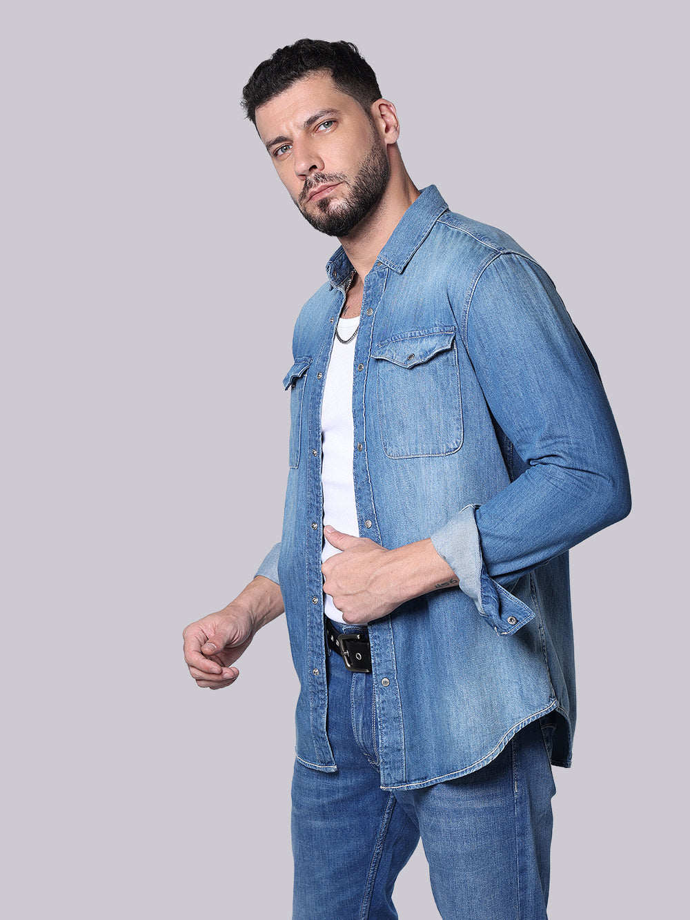 Med Blue Full Sleeve Denim Shirt