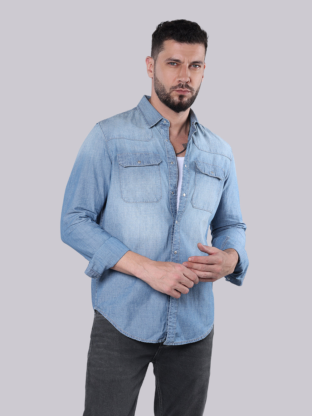 Med Blue Full Sleeve Denim Shirt