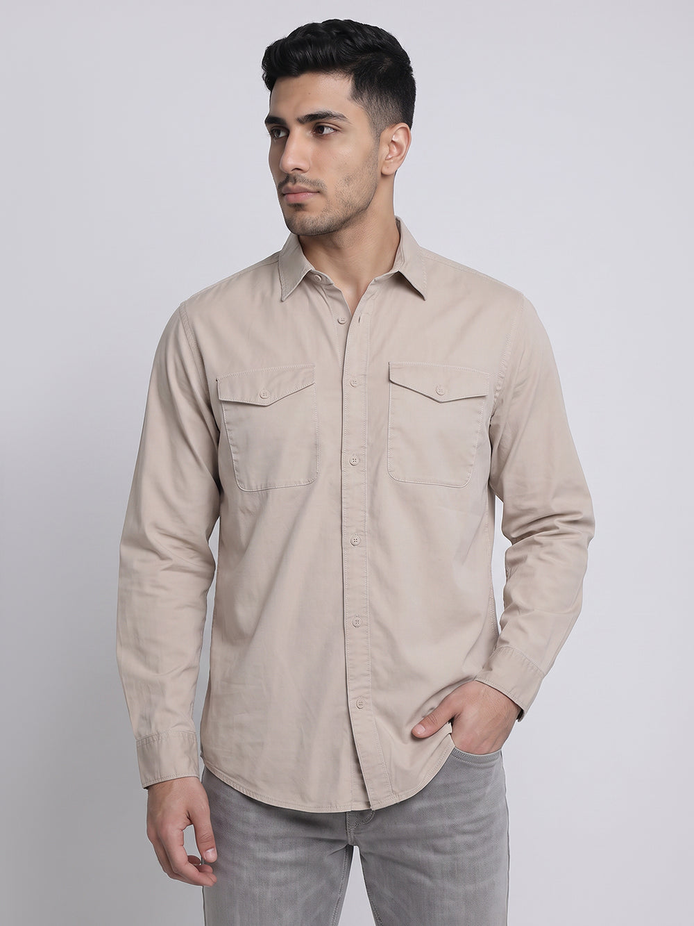 Beige Full Sleeve Cargo Shirt