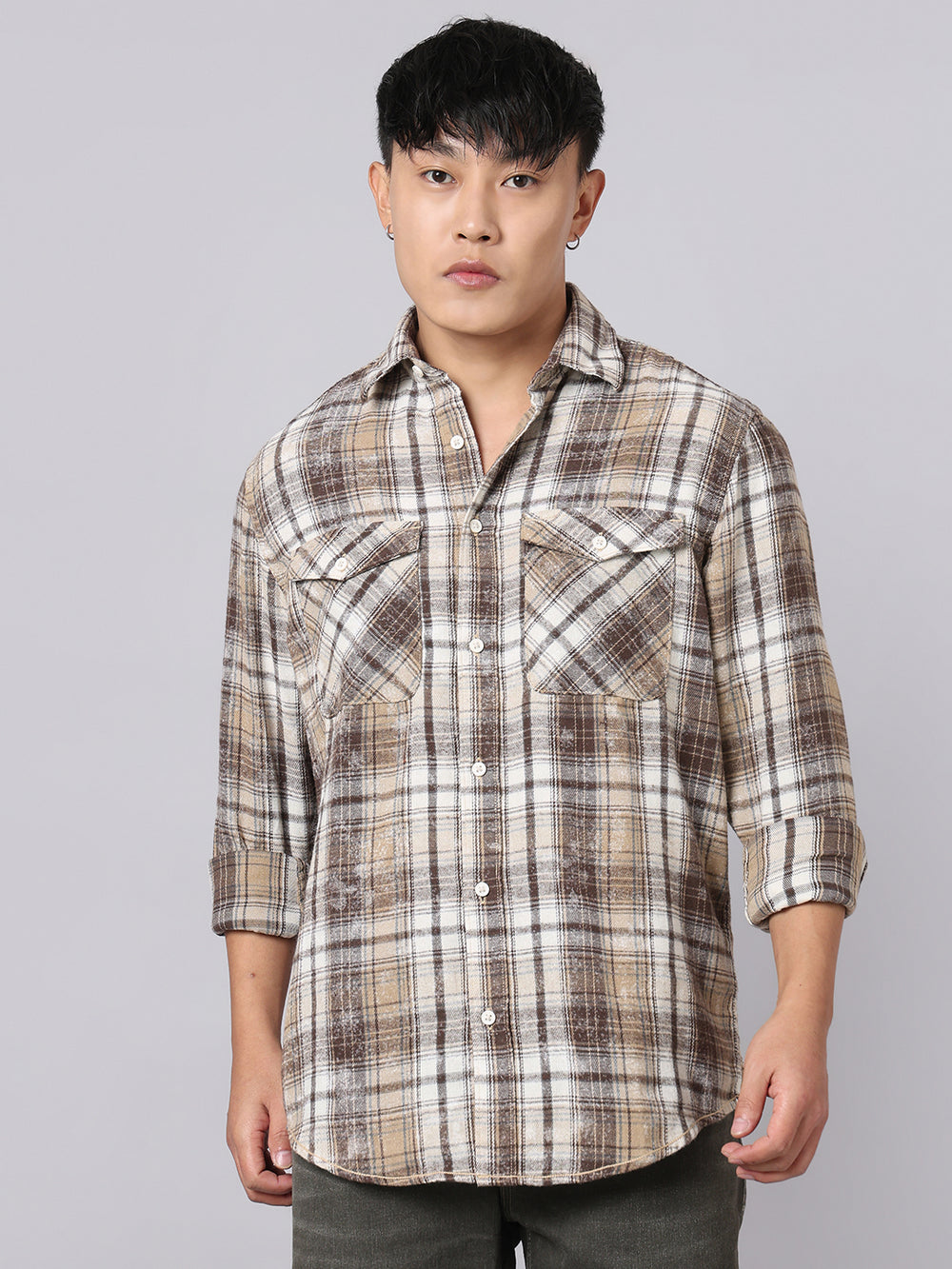 Brown White Full Sleeve Check Shirt