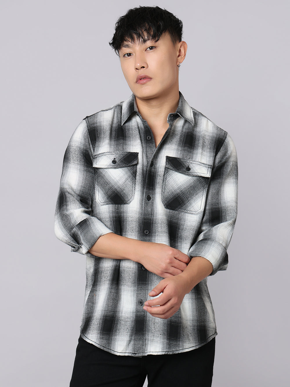 Black White Relax Slim Check Shirt