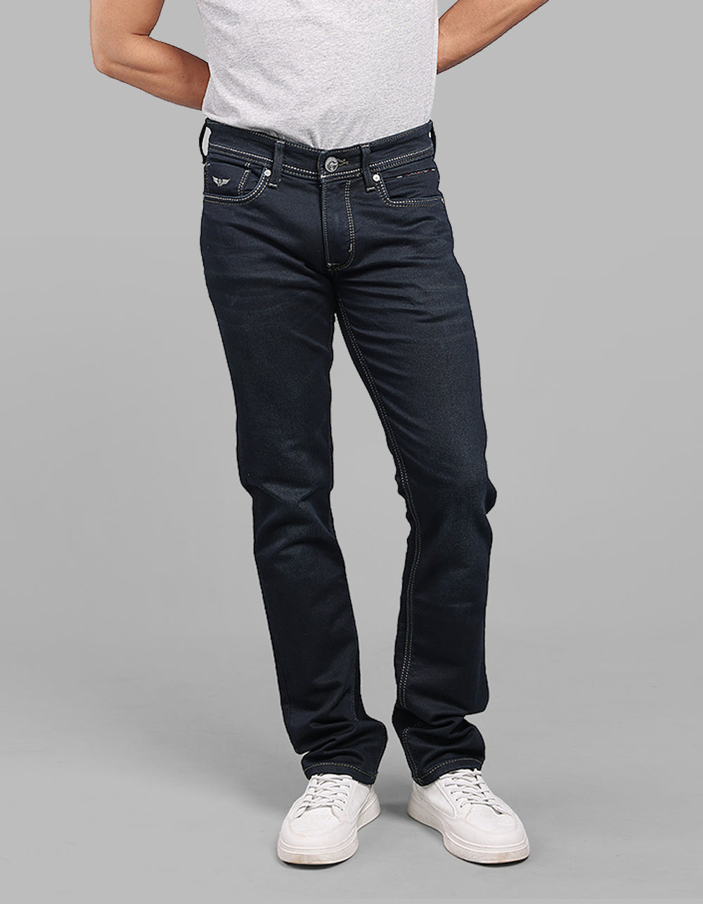 Dark Blue Mid-Rise Slim Straight Fit Stretch Jeans