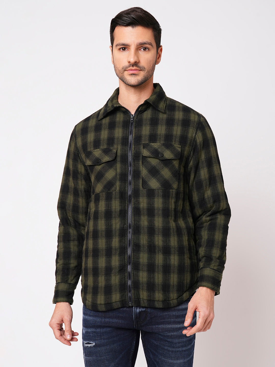 Green Black Full Sleeve Check Zipper Shacket Shirt (Shacket Regular)