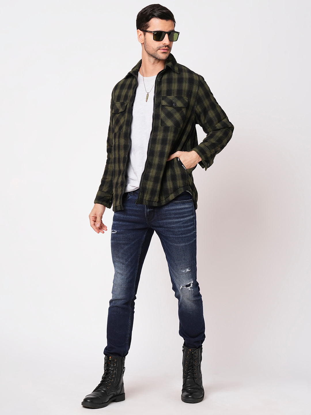 Green Black Full Sleeve Check Zipper Shacket Shirt (Shacket Regular)