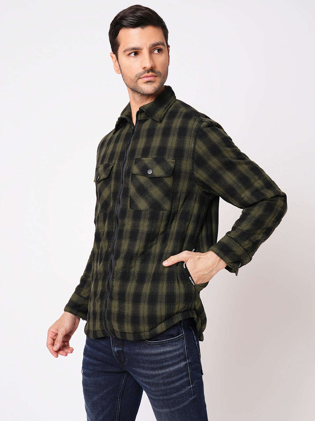 Green Black Full Sleeve Check Zipper Shacket Shirt (Shacket Regular)