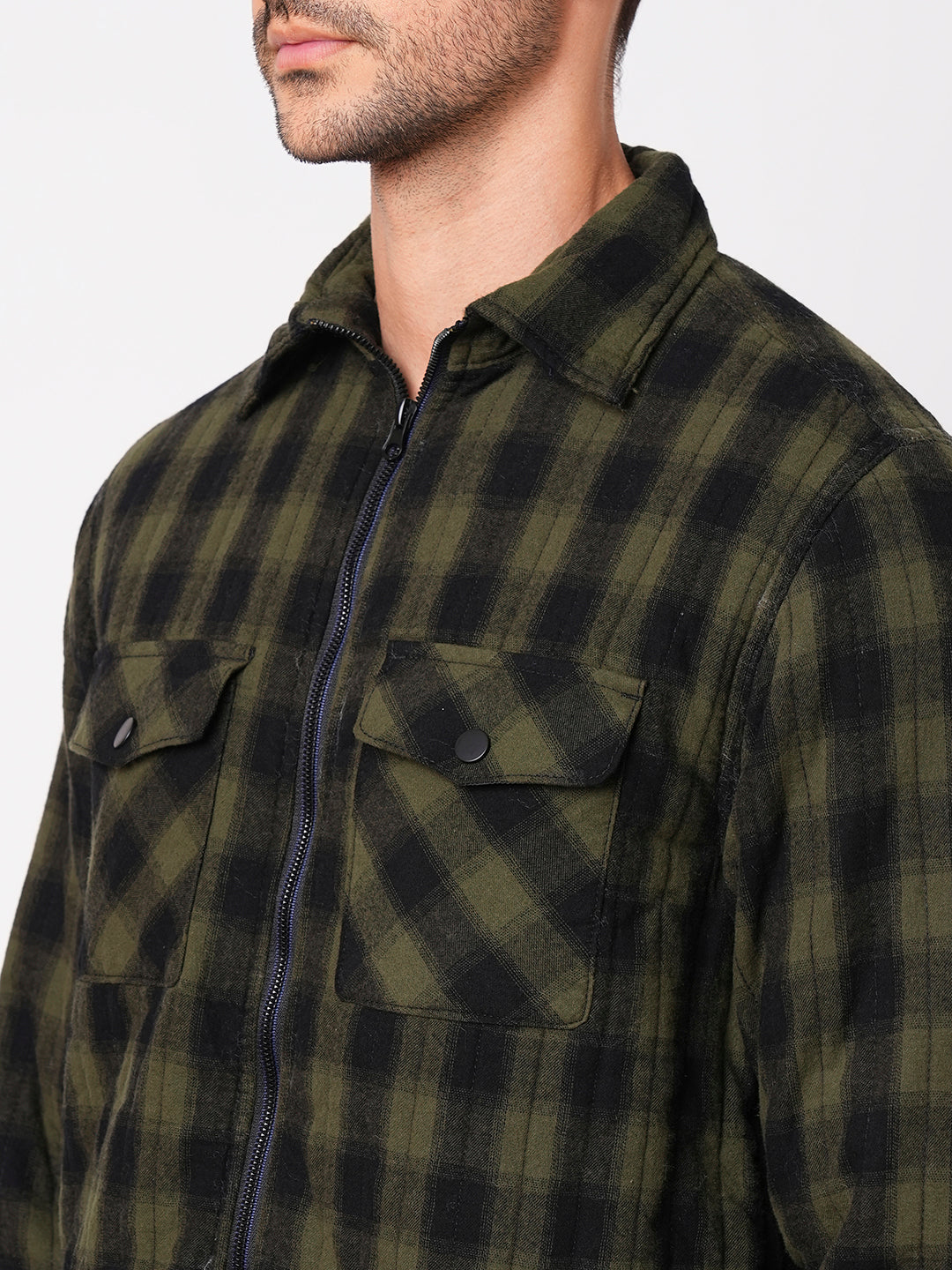 Green Black Full Sleeve Check Zipper Shacket Shirt (Shacket Regular)