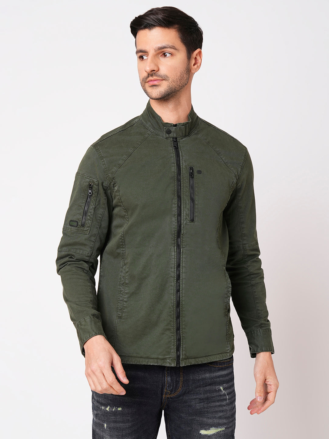 Military Green Full Sleeve Solid Zipper Shacket Shirt (Shacket Regular)