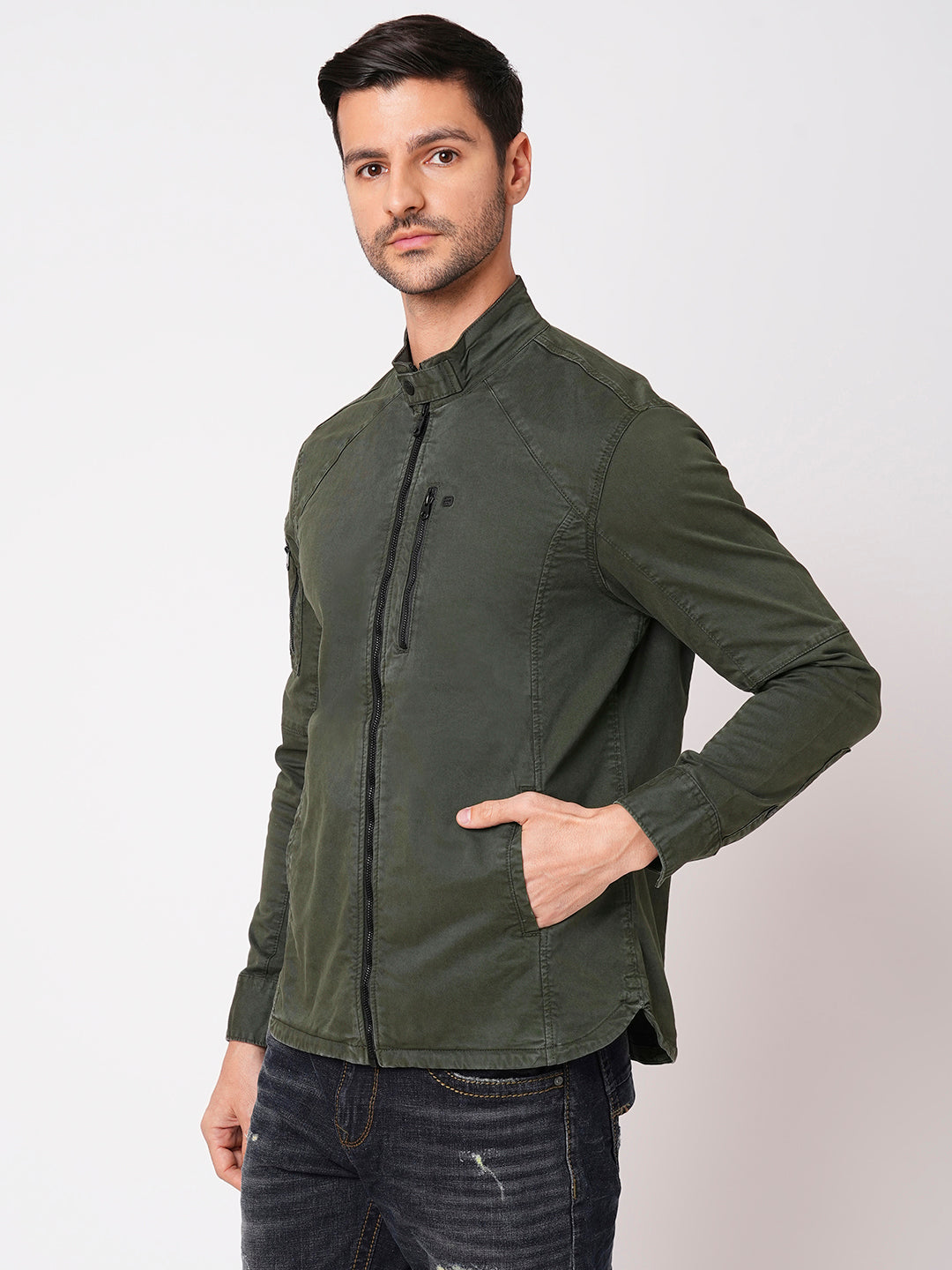 Military Green Full Sleeve Solid Zipper Shacket Shirt (Shacket Regular)