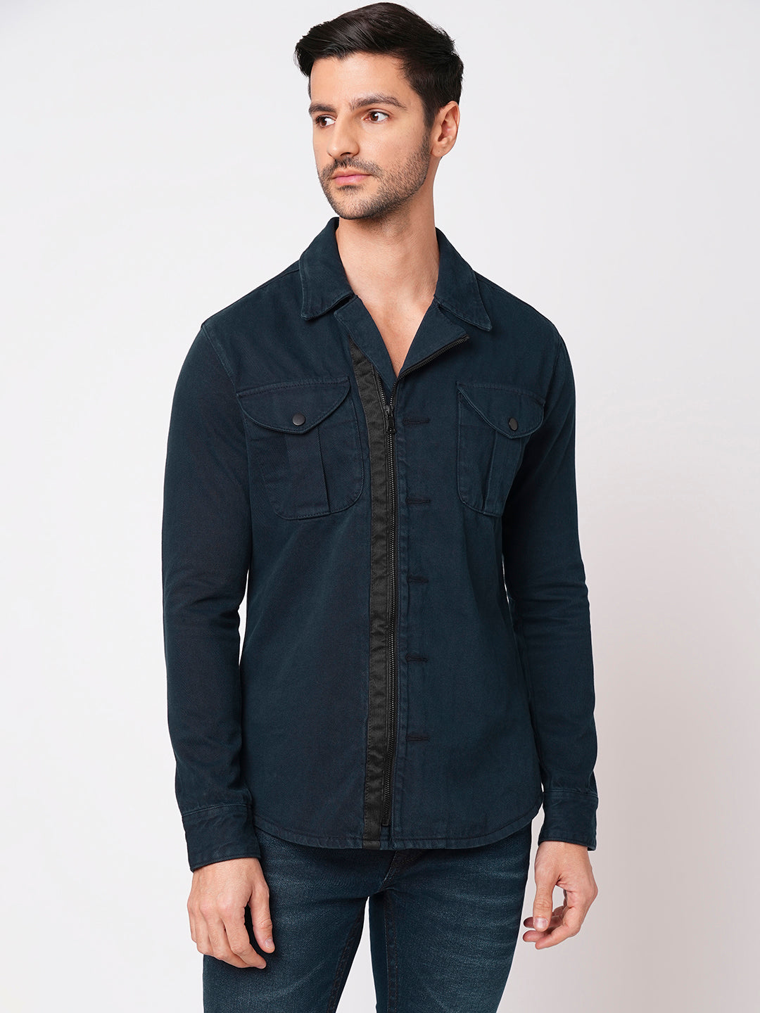 Navy Full Sleeve Denim Zipper Shacket Shirt (Shacket Regular)