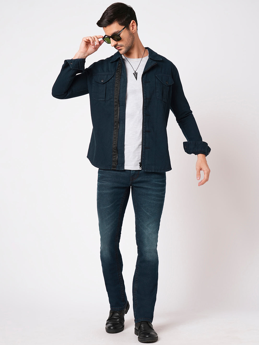 Navy Full Sleeve Denim Zipper Shacket Shirt (Shacket Regular)