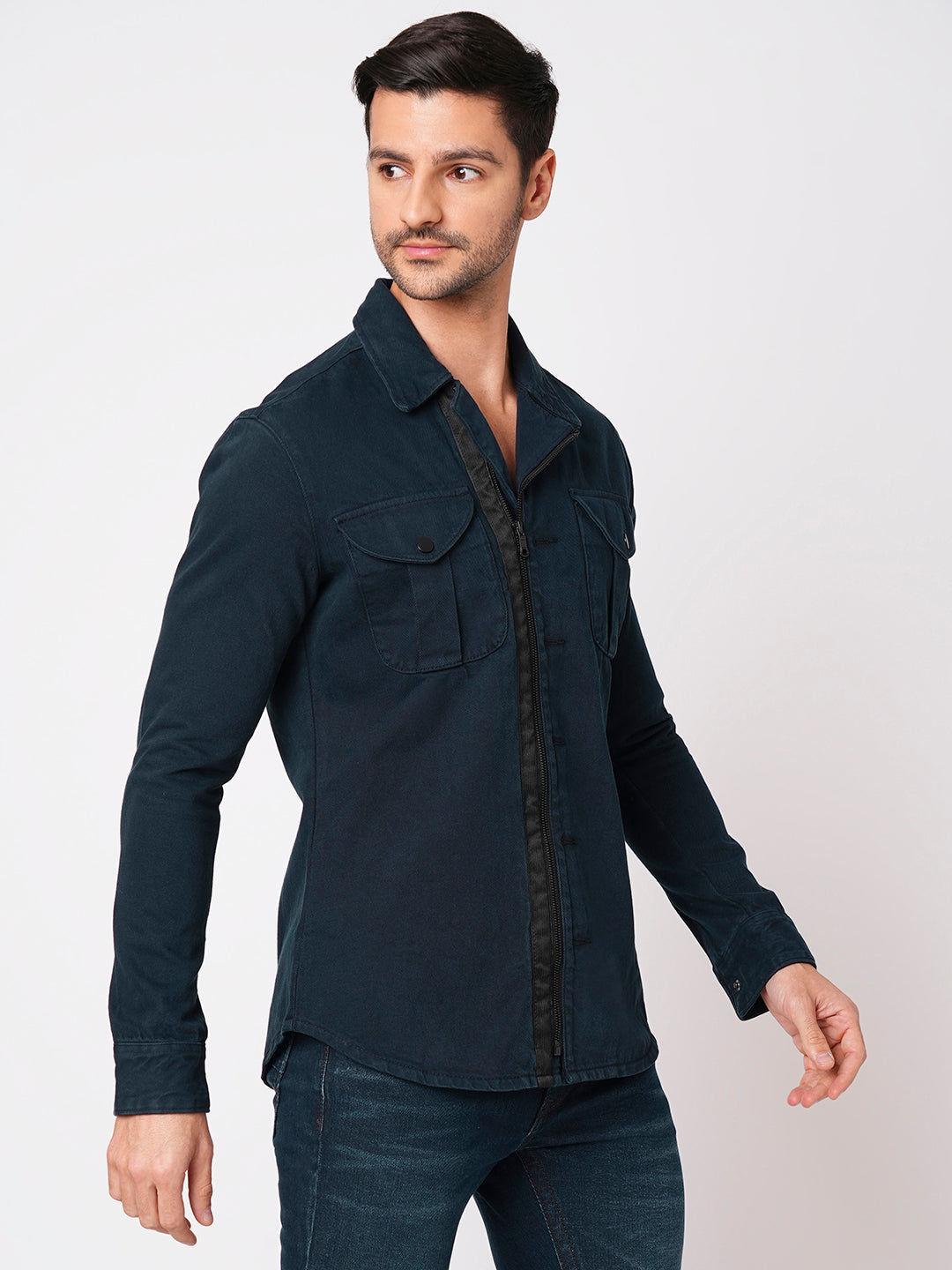 Navy Full Sleeve Denim Zipper Shacket Shirt (Shacket Regular)