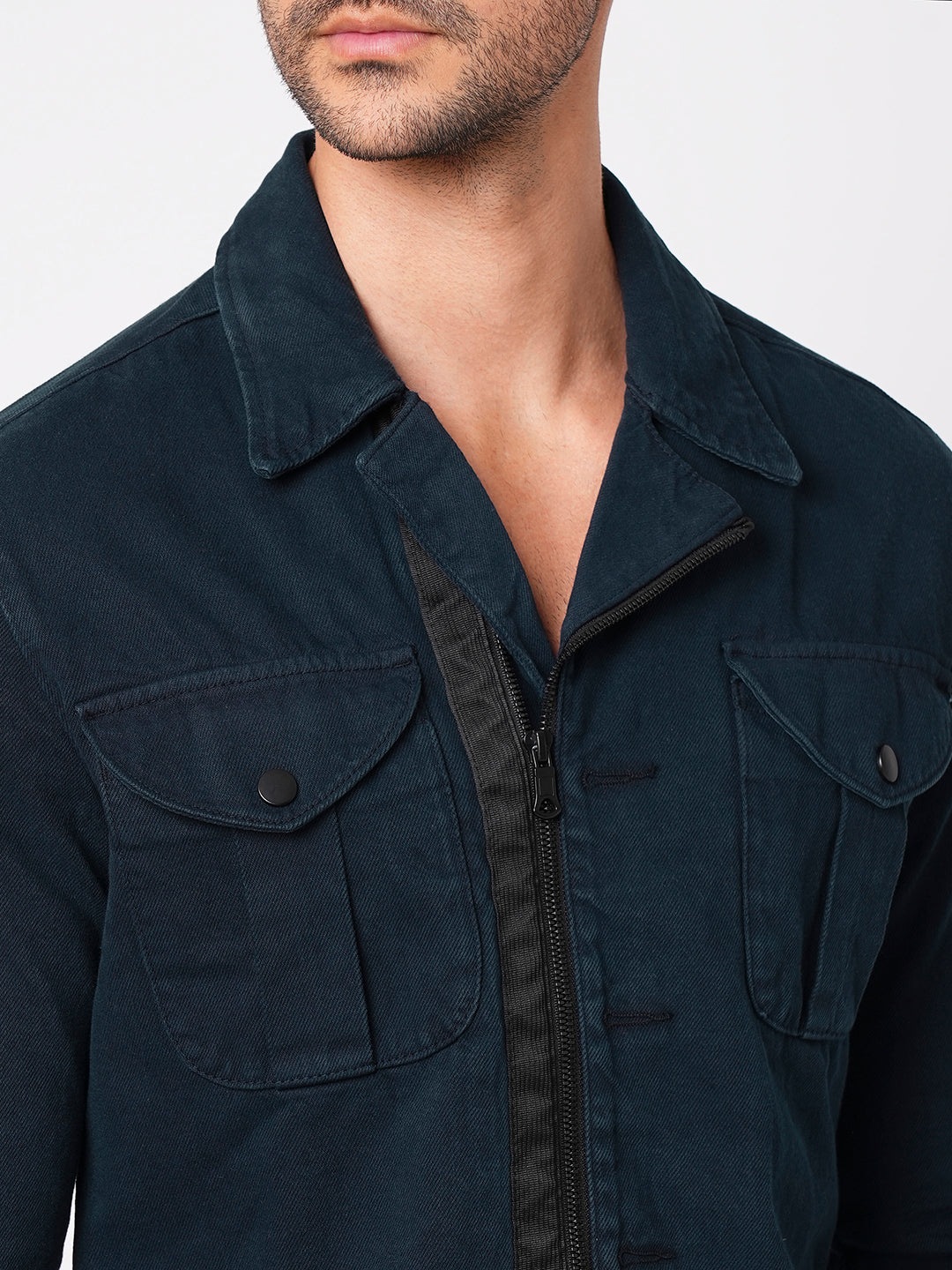 Navy Full Sleeve Denim Zipper Shacket Shirt (Shacket Regular)