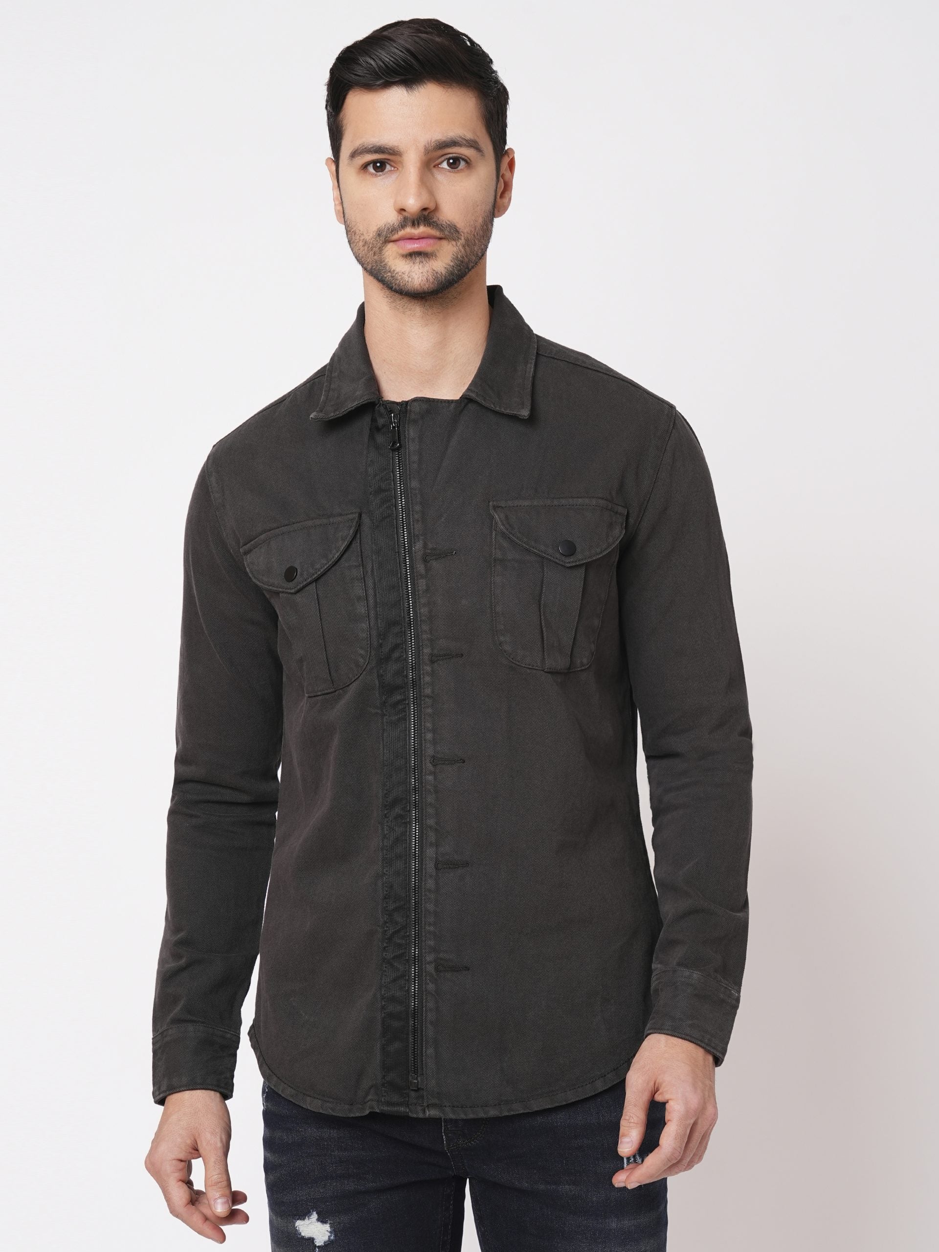 Charcoal Full Sleeve Denim Zipper Shacket Shirt (Shacket Regular)