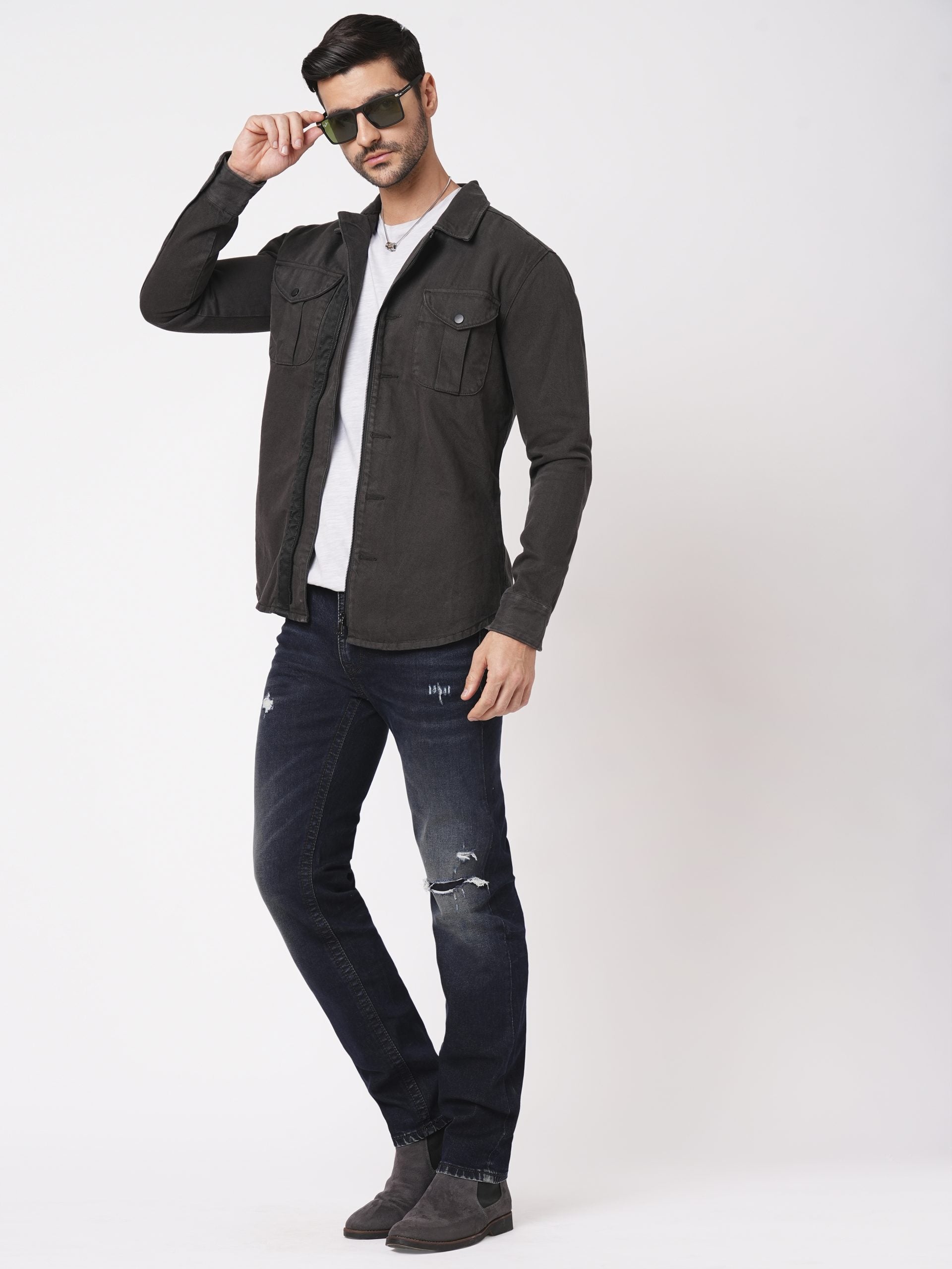 Charcoal Full Sleeve Denim Zipper Shacket Shirt (Shacket Regular)