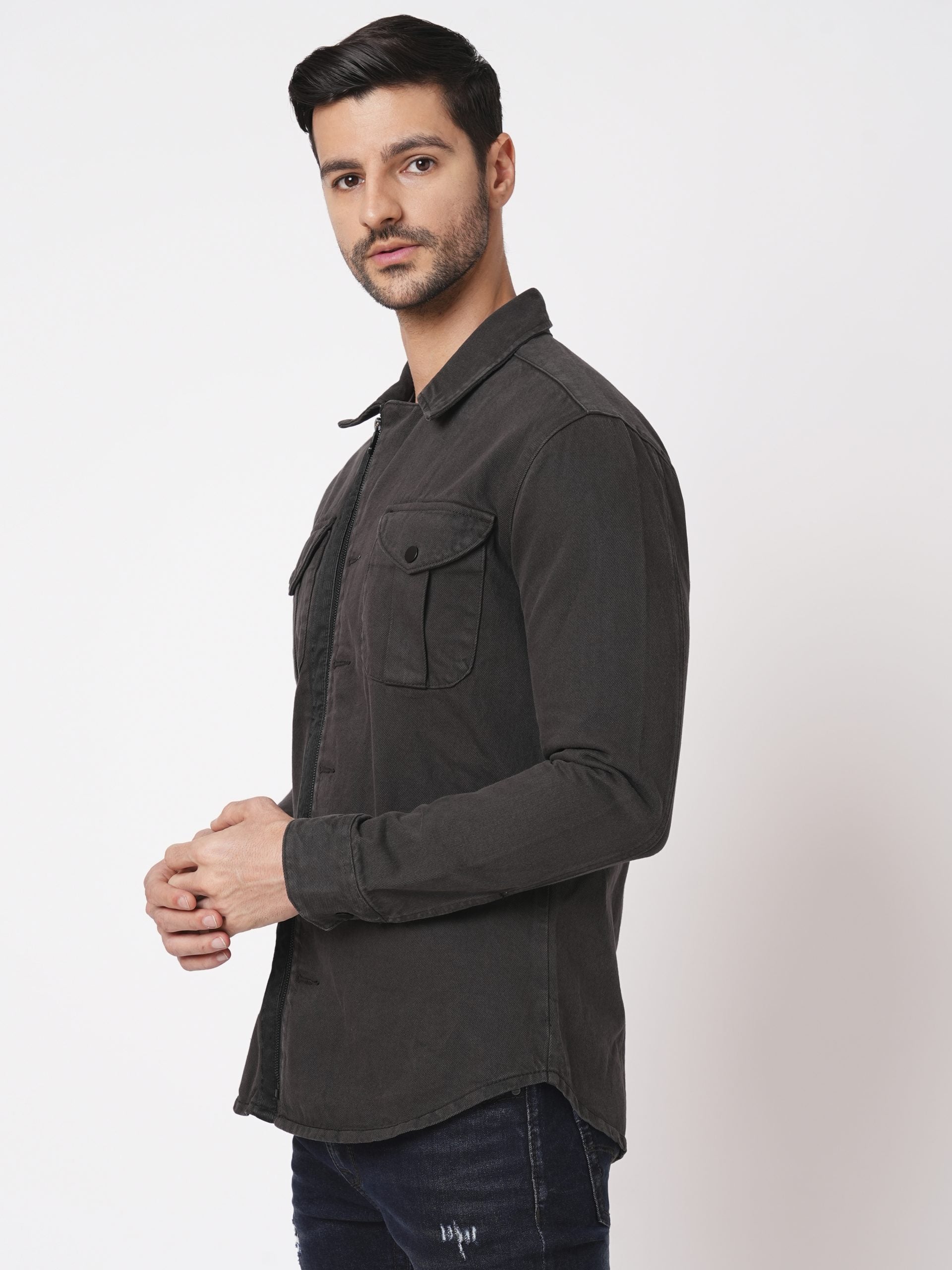 Charcoal Full Sleeve Denim Zipper Shacket Shirt (Shacket Regular)