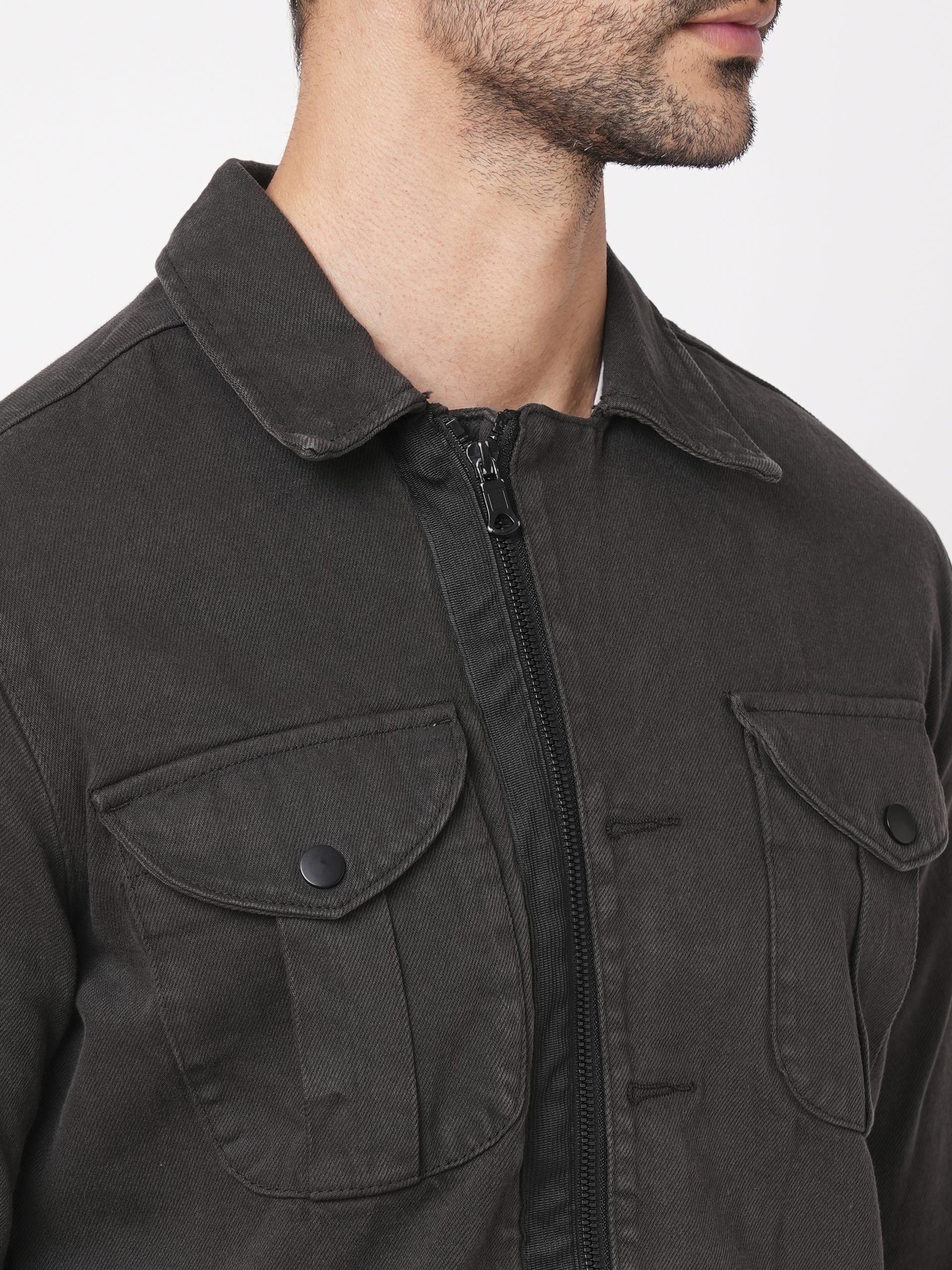 Charcoal Full Sleeve Denim Zipper Shacket Shirt (Shacket Regular)