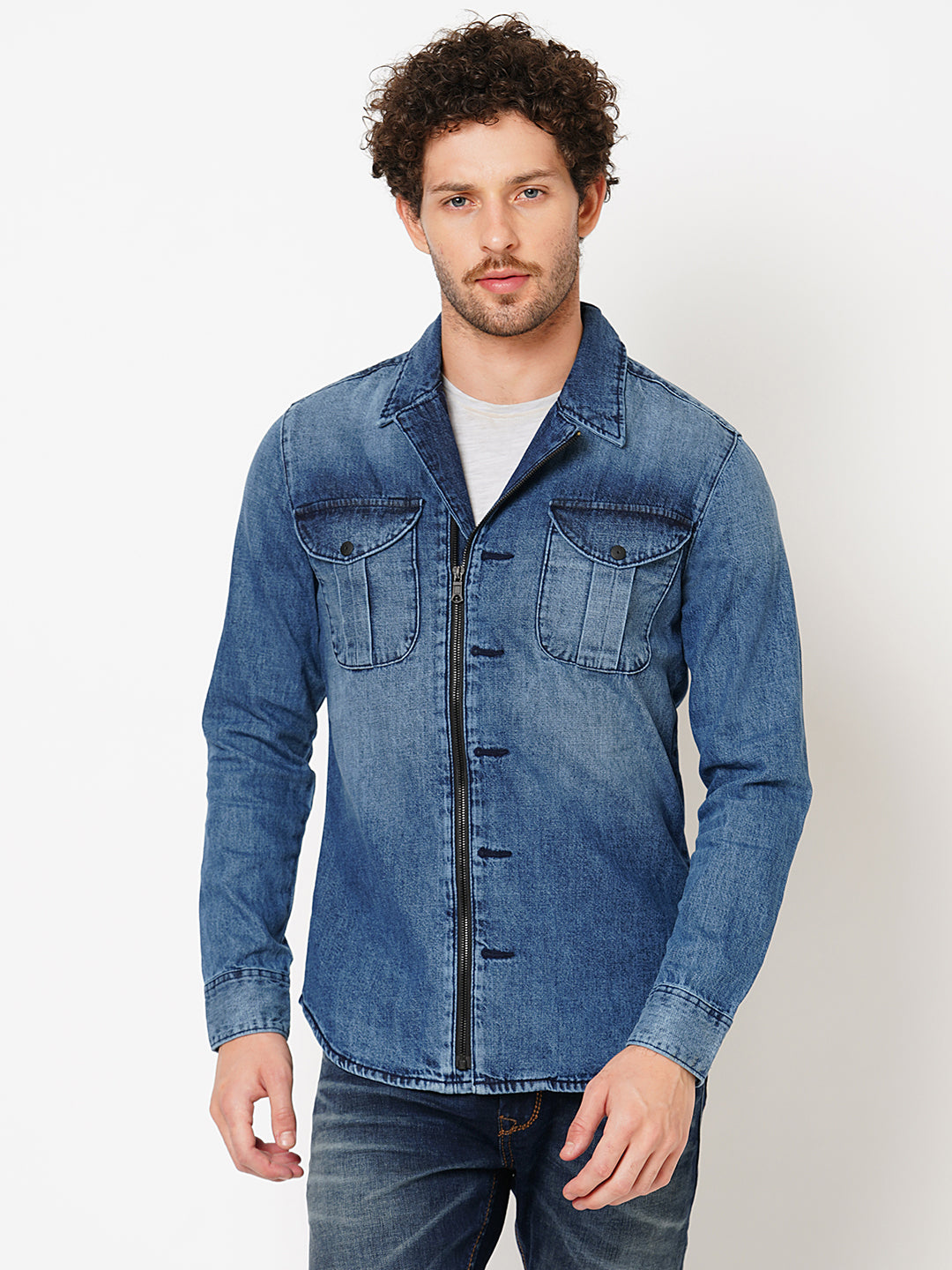 Med Blue Full Sleeve Denim Zipper Shacket Shirt (Shacket Regular)