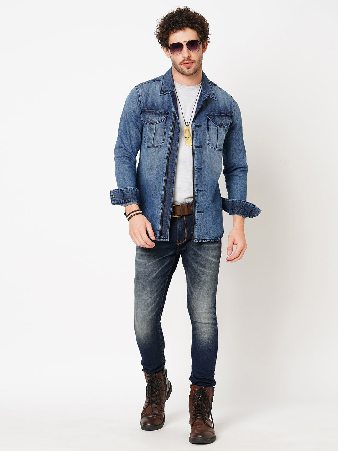 Med Blue Full Sleeve Denim Zipper Shacket Shirt (Shacket Regular)