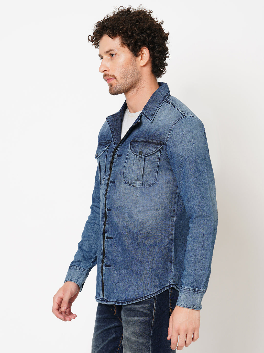 Med Blue Full Sleeve Denim Zipper Shacket Shirt (Shacket Regular)